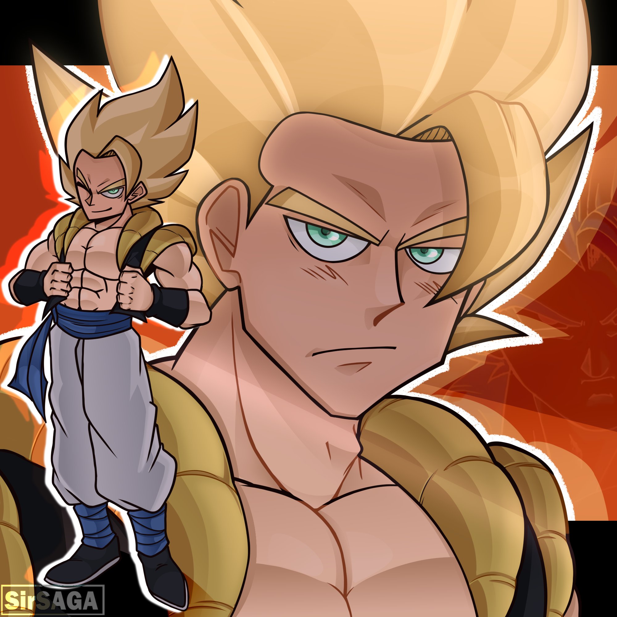 gogeta, dragon ball, dragon ball super, dragon ball super broly, highres, 1boy, abs, belt, black vest, blonde hair, close-up, collarbone, green eyes, hair between eyes, metamoran vest, muscular, muscular male, orange background, saiyan, serious, sirs a g a, smile, super saiyan, vest, wristband