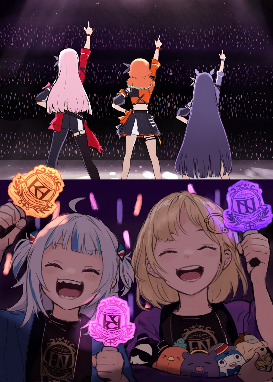yuuyu (777), gawr gura, mori calliope, ninomae ina'nis, watson amelia, hololive, hololive english, holomyth, highres, 5girls, blonde hair, blue hair, earrings, feather earrings, feathers, jewelry, long hair, multicolored hair, multiple girls, open mouth, orange hair, pink hair, purple hair, shark girl, short hair, smile, twintails, virtual youtuber