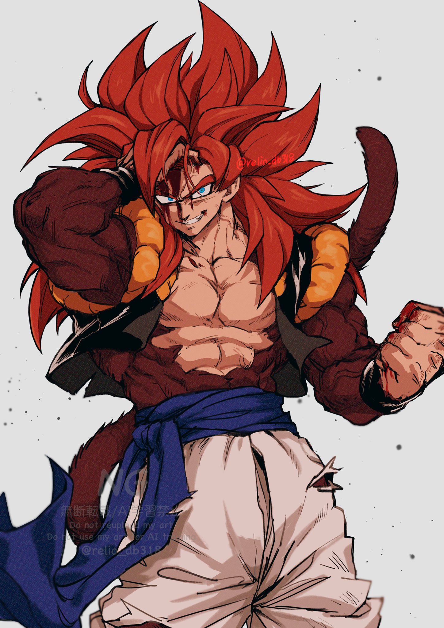 relio db318, gogeta, dragon ball, dragon ball gt, highres, 1boy, biceps, blood, blood on face, blue eyes, blue sash, body fur, looking at viewer, male focus, metamoran vest, monkey boy, monkey tail, muscular, muscular male, no nipples, pants, pectorals, red fur, red hair, sash, simple background, smile, solo, spiked hair, super saiyan, super saiyan 4, tail, veins, veiny hands, white pants