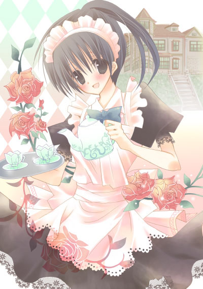 hashimo yuki, 1girl, :d, apron, argyle background, argyle clothes, black eyes, black hair, bow, bowtie, building, cup, dress, female focus, flower, looking at viewer, maid, maid apron, maid headdress, open mouth, ponytail, red flower, red rose, rose, smile, solo, stairs, teacup, teapot, tray