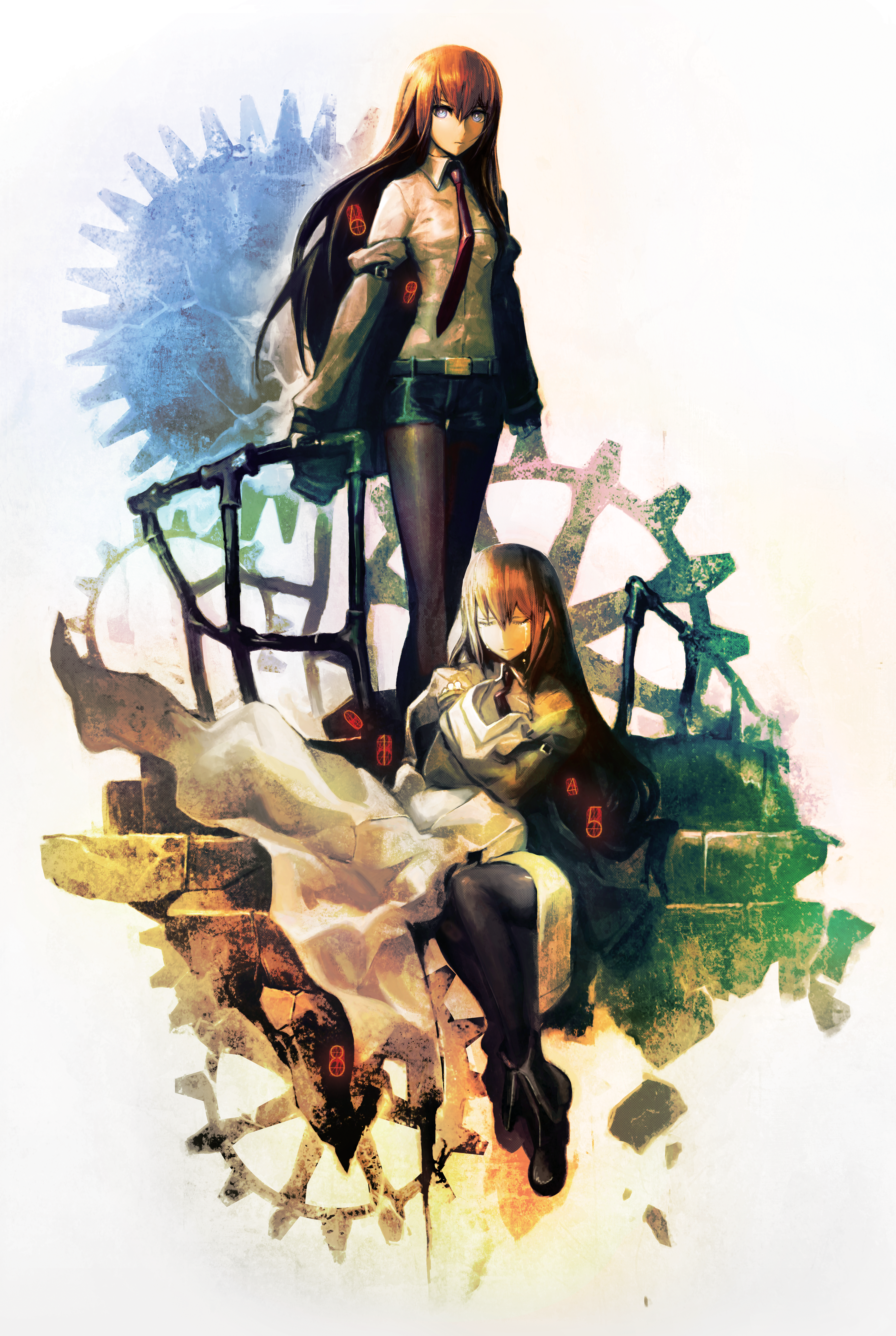 huke, makise kurisu, science adventure, steins;gate, steins;gate: fuka ryouiki no dejavu, thighs together, absurdres, highres, official art, 2girls, arm belt, belt, black boots, black pantyhose, black shorts, boots, breast pocket, breasts, brown hair, brown jacket, clone, closed eyes, collared shirt, crying, dated, expressionless, floating clothes, gears, hair between eyes, hair over shoulder, hugging clothes, jacket, jacket partially removed, lab coat, leather belt, looking at viewer, multiple girls, necktie, pantyhose, pocket, purple eyes, purple trim, red necktie, ringed eyes, shirt, shorts, sitting, small breasts, square pupils, streaming tears, tears, thick thighs, thighs, white background, white belt, white shirt, zipper footwear