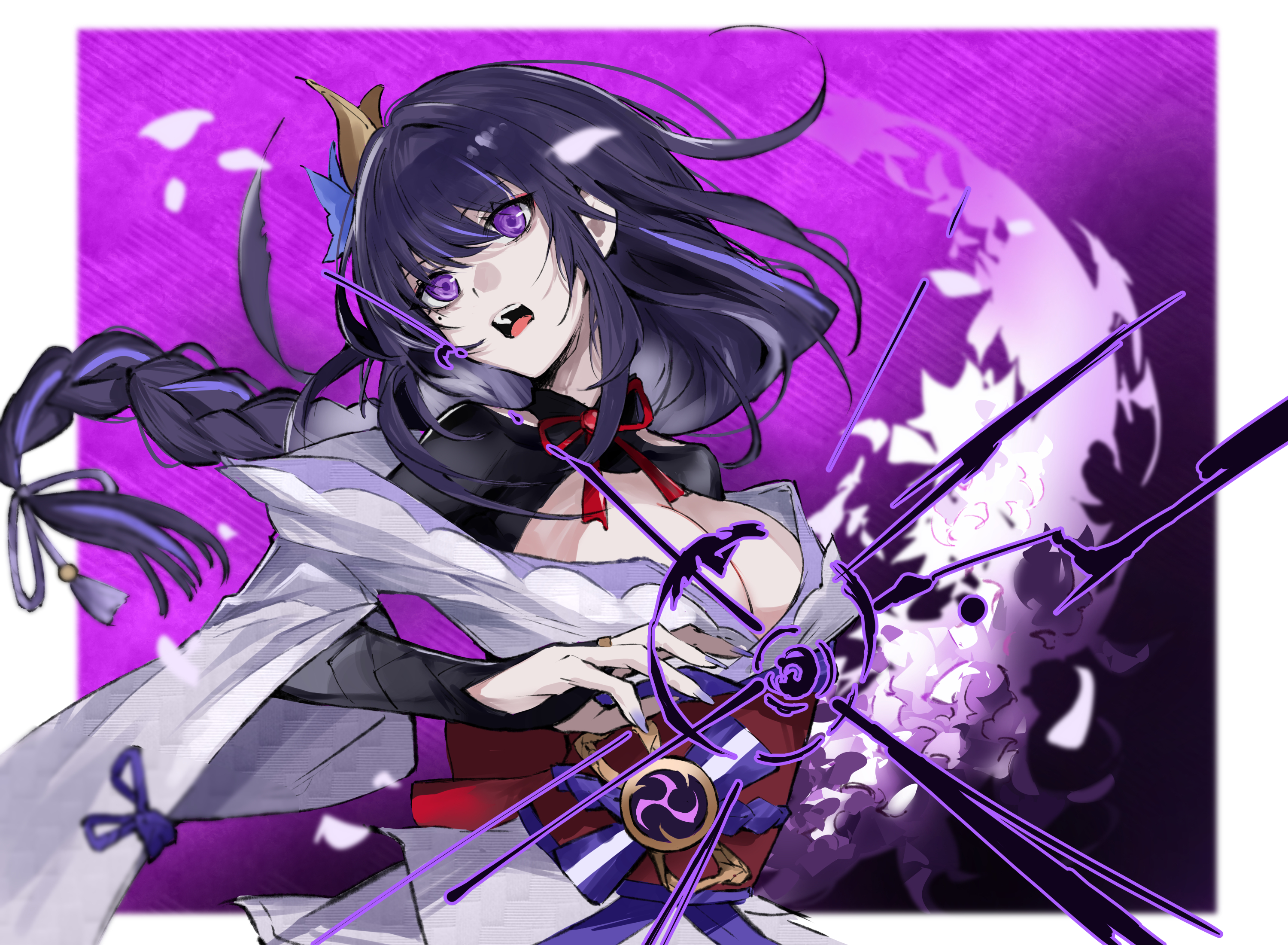 s 4ik4, raiden shogun, genshin impact, highres, 1girl, blurry, blurry background, border, bow, braid, breasts, bridal gauntlets, cleavage, fan hair ornament, flower, gradient background, hair ornament, head tilt, human scabbard, japanese clothes, kimono, large breasts, long hair, long sleeves, low-braided long hair, low-tied long hair, mitsudomoe (shape), mole, mole under eye, obiage, obijime, open mouth, purple background, purple eyes, purple flower, purple hair, purple kimono, purple nails, red bow, sash, solo, tomoe (symbol), white border