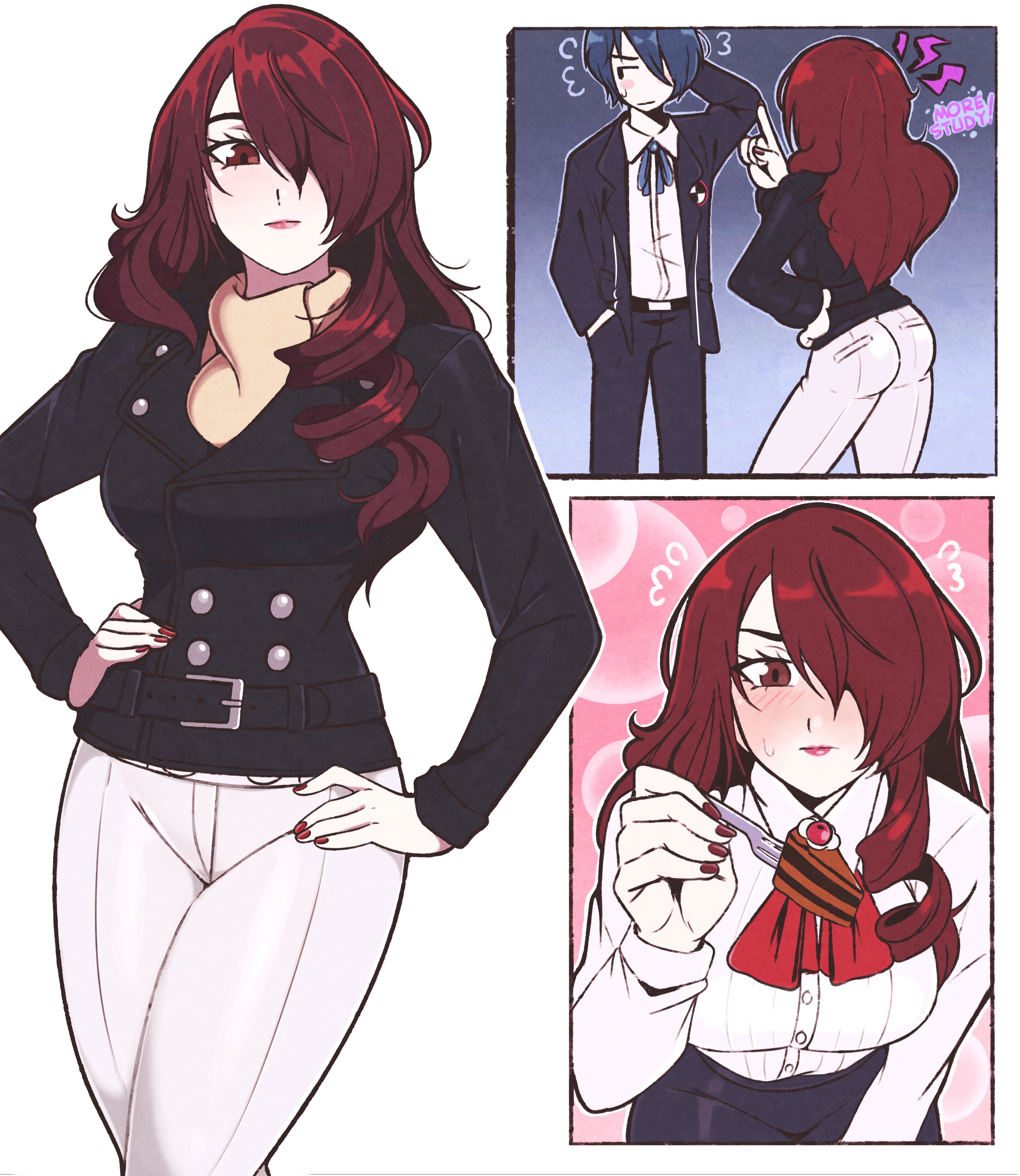 jeff miga, kirijou mitsuru, yuuki makoto (persona 3), persona, persona 3, persona 3 reload, absurdres, highres, 1boy, 1girl, blue hair, food, gekkoukan high school uniform, holding, holding food, jacket, leather, leather jacket, red eyes, red hair, school uniform