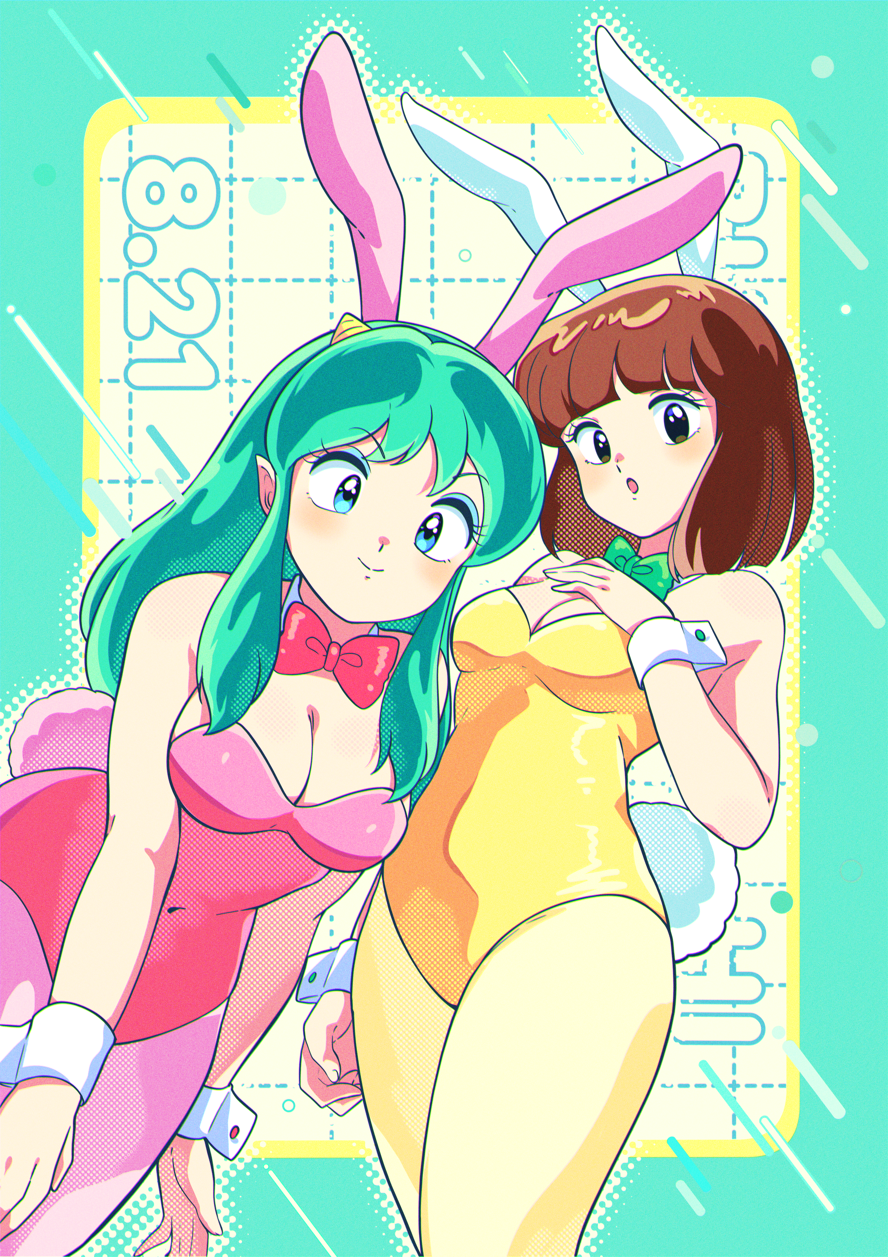 lum, miyake shinobu, urusei yatsura, absurdres, artist request, highres, 2girls, animal ears, blue eyes, bow, bowtie, breasts, brown eyes, brown hair, cleavage, detached collar, green hair, large breasts, leotard, long hair, looking at viewer, medium breasts, multiple girls, open mouth, pantyhose, pink leotard, playboy bunny, rabbit ears, rabbit tail, short hair, smile, tail, wrist cuffs, yellow leotard