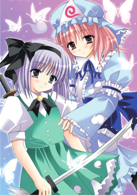 kirishima riona, konpaku youmu, saigyouji yuyuko, touhou, 2girls, bug, butterfly, female focus, gradient background, hat, insect, katana, multiple girls, skirt, sword, weapon