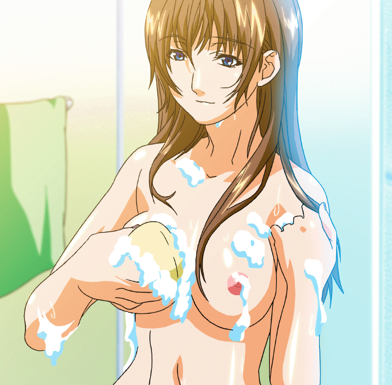 maki daikichi, sai tamako, konno suzuka, erogos, love fetish, washing, animated, animated gif, game cg, looping animation, 1girl, bath, blue eyes, breasts, brown hair, female focus, large breasts, long hair, nipples, nude, showering, smile, soap, solo