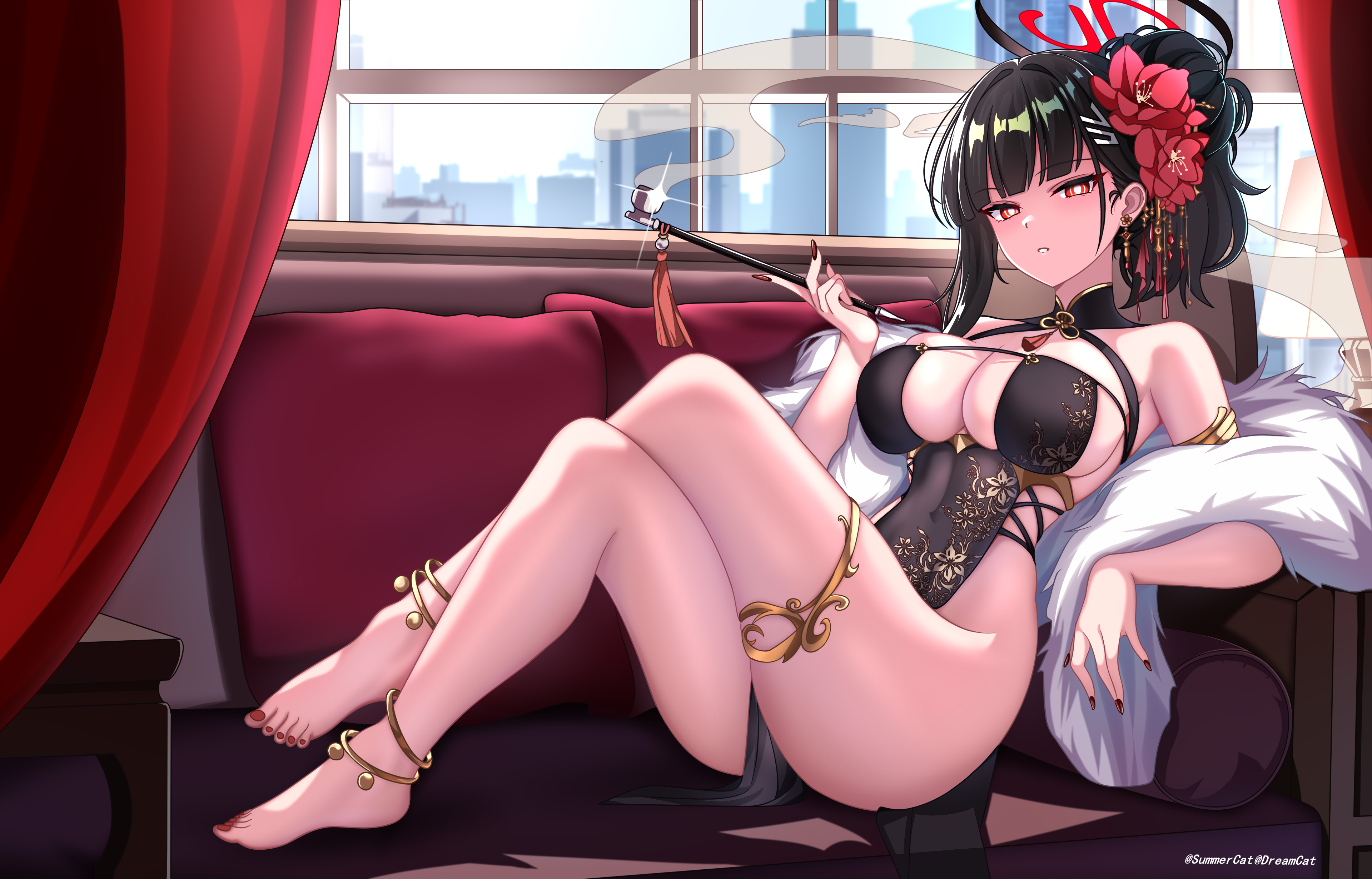 dream.cat, rio (blue archive), blue archive, absurdres, chinese commentary, commentary request, highres, variant set, 1girl, artist name, barefoot, black dress, black hair, black halo, blunt bangs, breasts, bright pupils, china dress, chinese clothes, cleavage, couch, covered navel, day, dress, fingernails, flower, hair bun, hair flower, hair ornament, halo, holding, holding smoking pipe, indoors, large breasts, looking at viewer, medium hair, multicolored halo, nail polish, on couch, parted lips, pelvic curtain, red eyes, red flower, red halo, red nails, sitting, sleeveless, sleeveless dress, smoking pipe, solo, summercat, toenail polish, toenails, two-tone halo