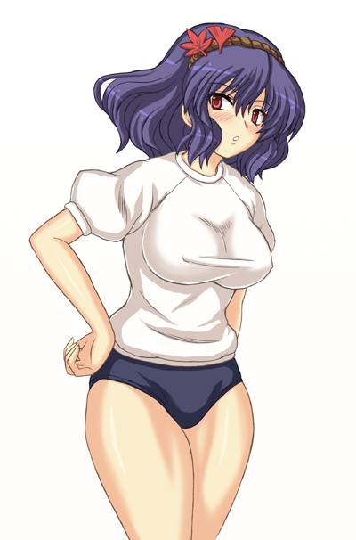 yasaka kanako, touhou, 1girl, alternate costume, blue hair, blush, breasts, female focus, gym uniform, hair ornament, large breasts, leaf hair ornament, red eyes, solo
