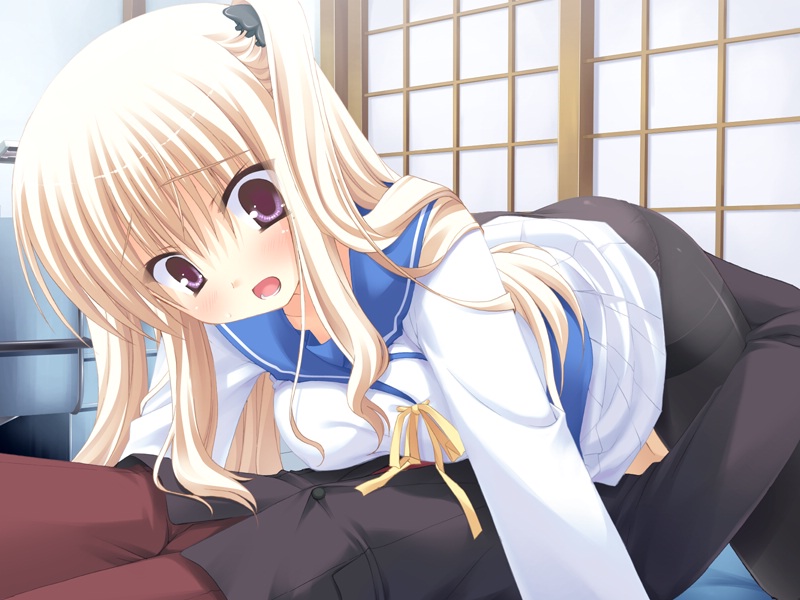 kobuichi, muririn, hibarigaoka yuki, bra-ban!, game cg, 1boy, 1girl, 69, black pantyhose, blonde hair, blush, breast press, breasts, girl on top, large breasts, mole, mole under eye, panties, panties under pantyhose, pantyhose, purple eyes, school uniform, serafuku, solo focus, thighband pantyhose, twintails, underwear