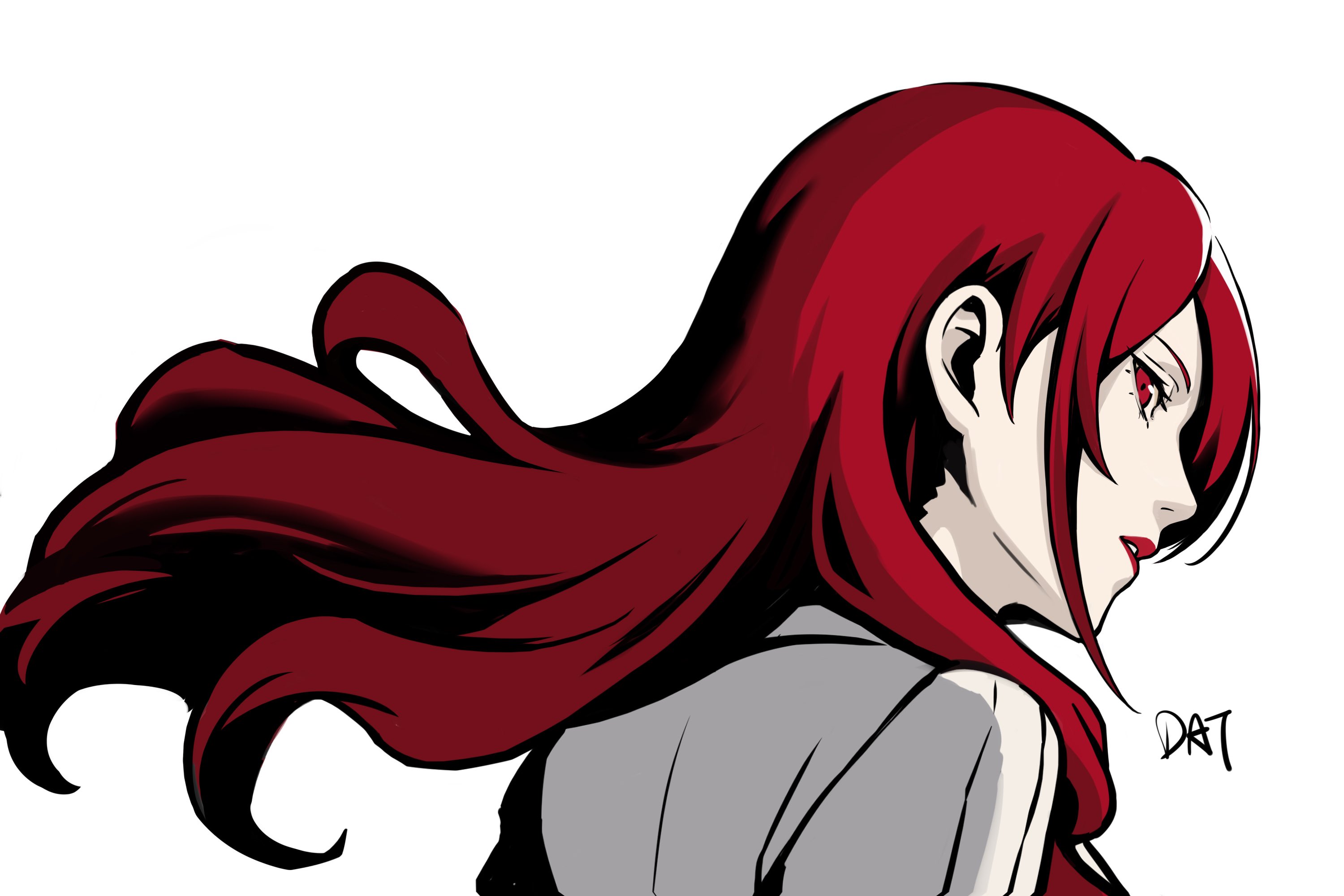 da-cart, kirijou mitsuru, persona, persona 3, commentary, highres, 1girl, long hair, looking at viewer, parted lips, portrait, red eyes, red hair, red lips, shirt, sidelocks, signature, simple background, solo, white background, white shirt