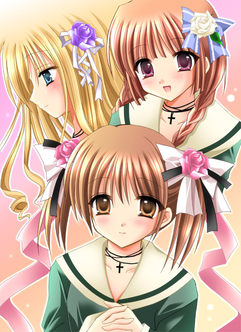 kirishima riona, fukuzawa yumi, shimazu yoshino, toudou shimako, maria-sama ga miteru, 00s, 3girls, blush, bow, braid, cross, female focus, flower, hair bow, hair flower, hair ornament, hair ribbon, jewelry, looking at viewer, multiple girls, necklace, ribbon, school uniform, serafuku, short twintails, twin braids, twintails