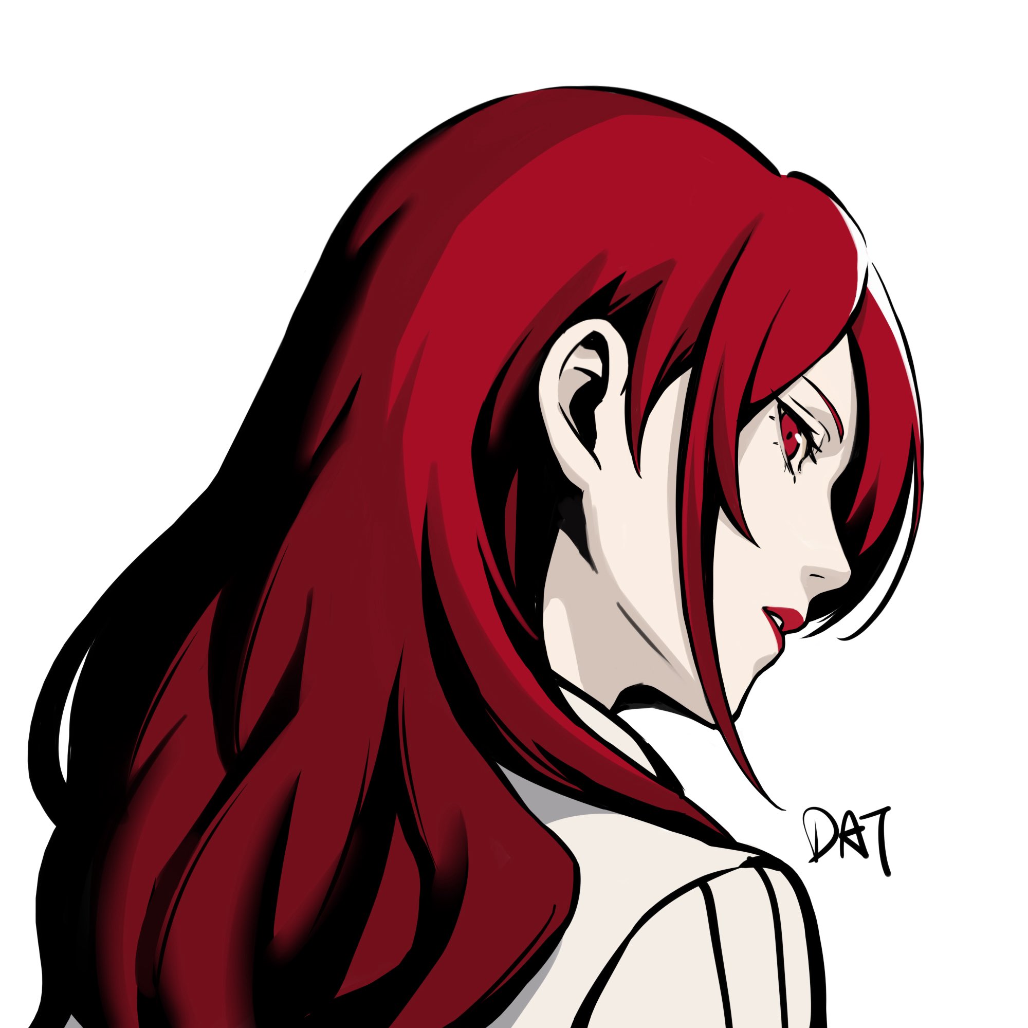 da-cart, kirijou mitsuru, persona, persona 3, commentary, highres, 1girl, long hair, looking at viewer, parted lips, portrait, red eyes, red hair, red lips, shirt, sidelocks, signature, simple background, solo, white background, white shirt