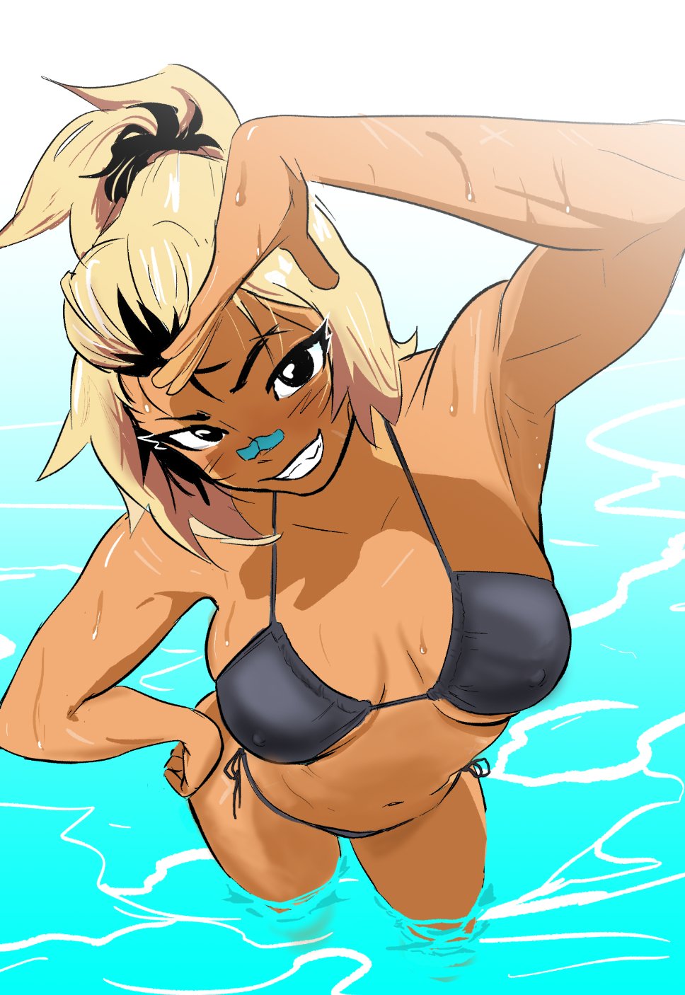 spicymancer, beck shiloh, rumble after dark, commentary, english commentary, highres, 1girl, arm up, armpits, bikini, black bikini, blonde hair, breasts, dark-skinned female, dark skin, fang, grin, hand on own hip, medium breasts, navel, ponytail, short hair, side-tie bikini bottom, smile, solo, swimsuit, teeth, wading, water, water drop, wet