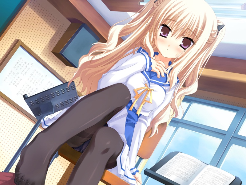 kobuichi, muririn, hibarigaoka yuki, bra-ban!, game cg, 1girl, blonde hair, breasts, breasts squeezed together, feet, footjob, medium breasts, mole, mole under eye, no shoes, panties, panties under pantyhose, pantyhose, penis, purple panties, school uniform, serafuku, solo, thighband pantyhose, toes, twintails, underwear