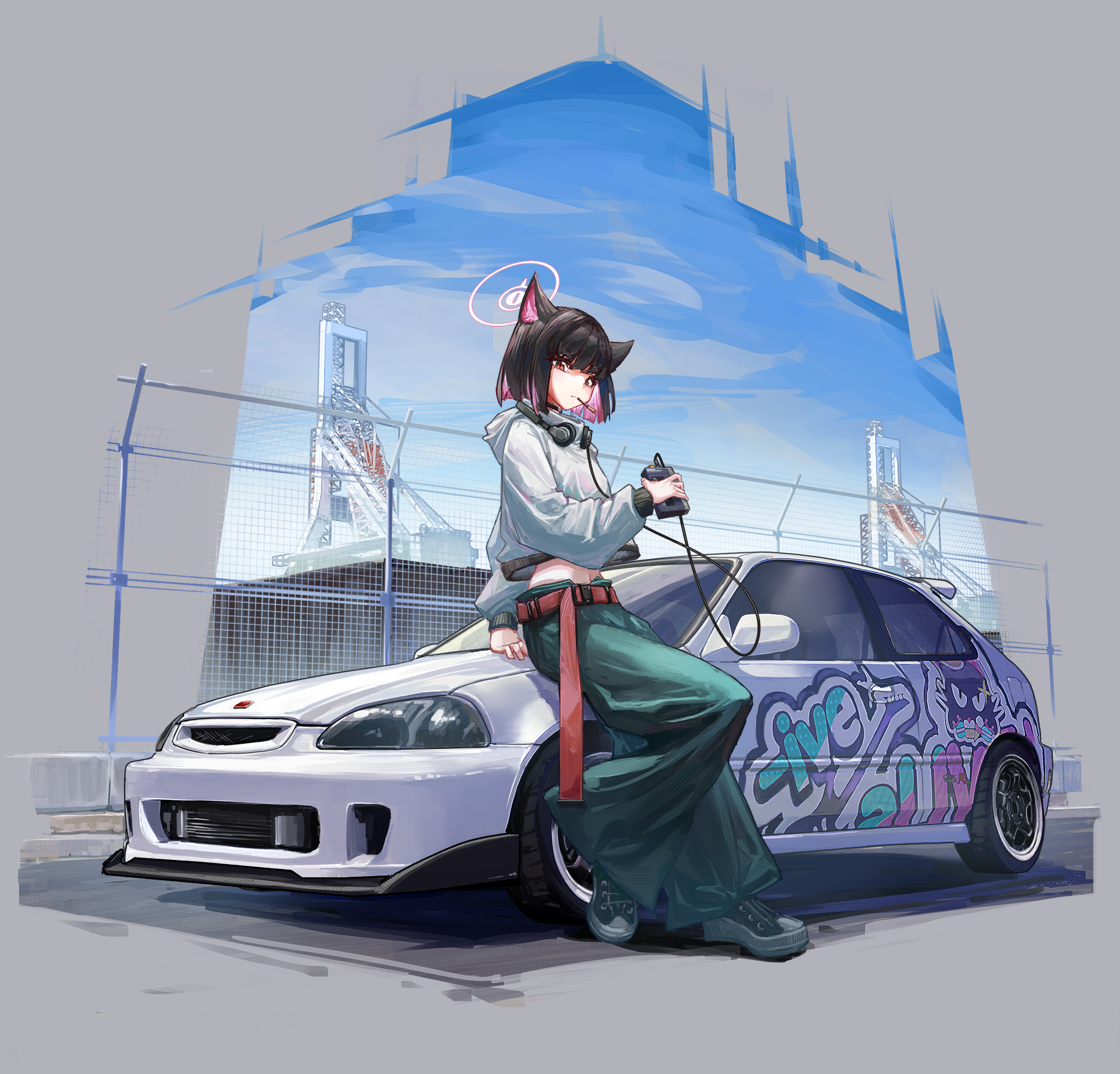 taru kira, kazusa (blue archive), blue archive, honda, commentary request, highres, 1girl, animal ears, belt, black choker, black hair, black shoes, car, cassette player, cat ears, choker, colored inner hair, cropped hoodie, food, food in mouth, full body, green hakama, hakama, hakama pants, halo, headphones, headphones around neck, honda civic, hood, hoodie, itasha, japanese clothes, leaning against vehicle, looking at viewer, motor vehicle, multicolored hair, outdoors, pants, pink eyes, pink hair, pink halo, pocky, pocky in mouth, red belt, shoes, sneakers, solo, standing, white hoodie