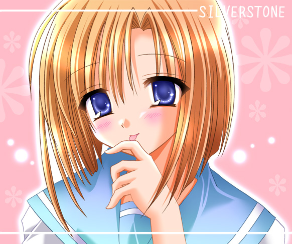kirishima riona, ryuuguu rena, higurashi no naku koro ni, eyebrows, 00s, 1girl, 2005, :p, blonde hair, blue eyes, blush, female focus, licking, licking finger, looking at viewer, pink background, sailor collar, school uniform, serafuku, short hair, simple background, solo, tongue, tongue out, upper body