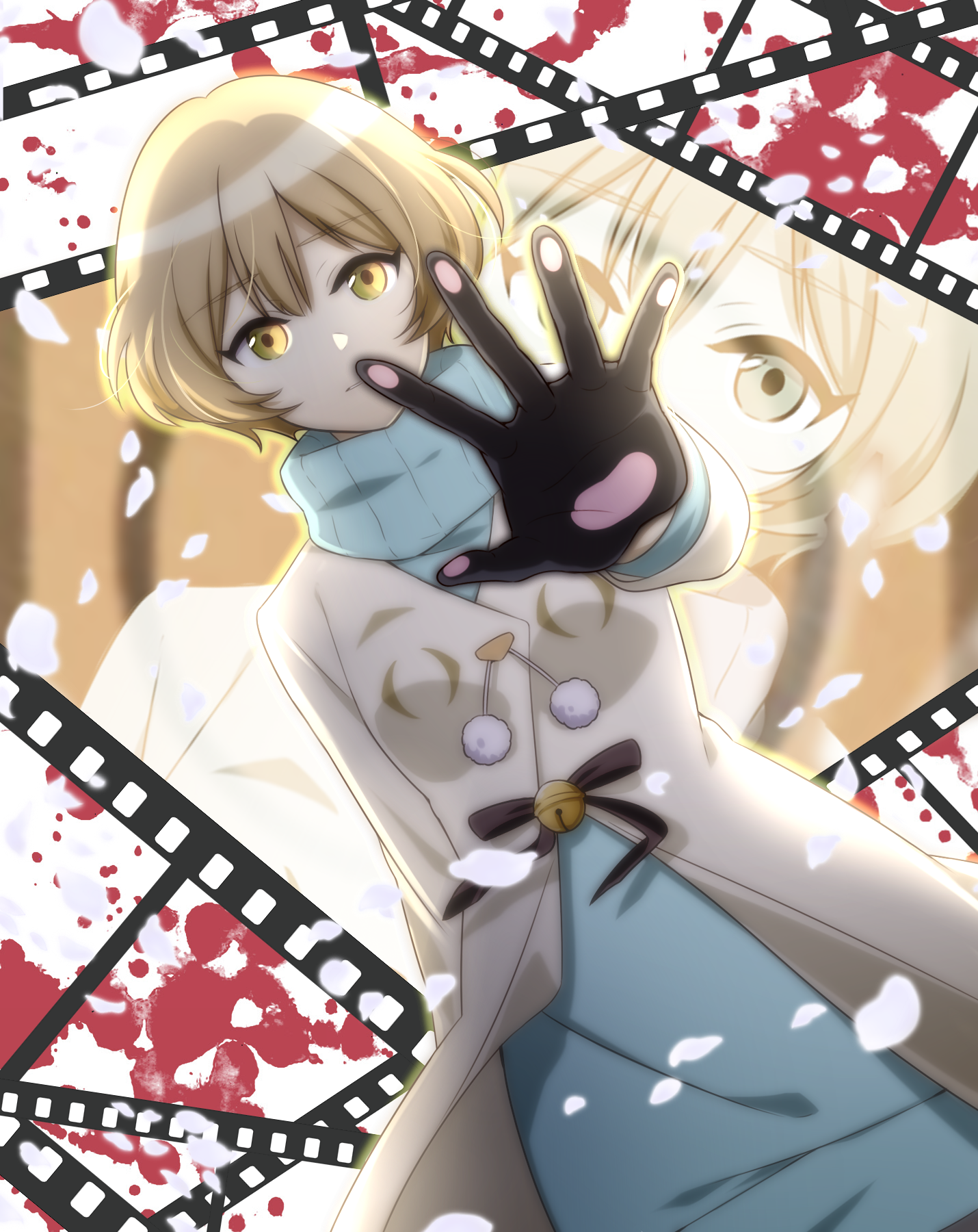 suamaro, occultic;nine, science adventure, highres, 1girl, black gloves, blonde hair, blood, blue dress, blue sweater, breasts, coat, dress, dutch angle, film strip, gloves, high collar, kisaki asuna, long sleeves, looking at viewer, paw print, paw print pattern, reaching, reaching towards viewer, ribbed sweater, short hair, small breasts, solo, sweater, turtleneck, white coat
