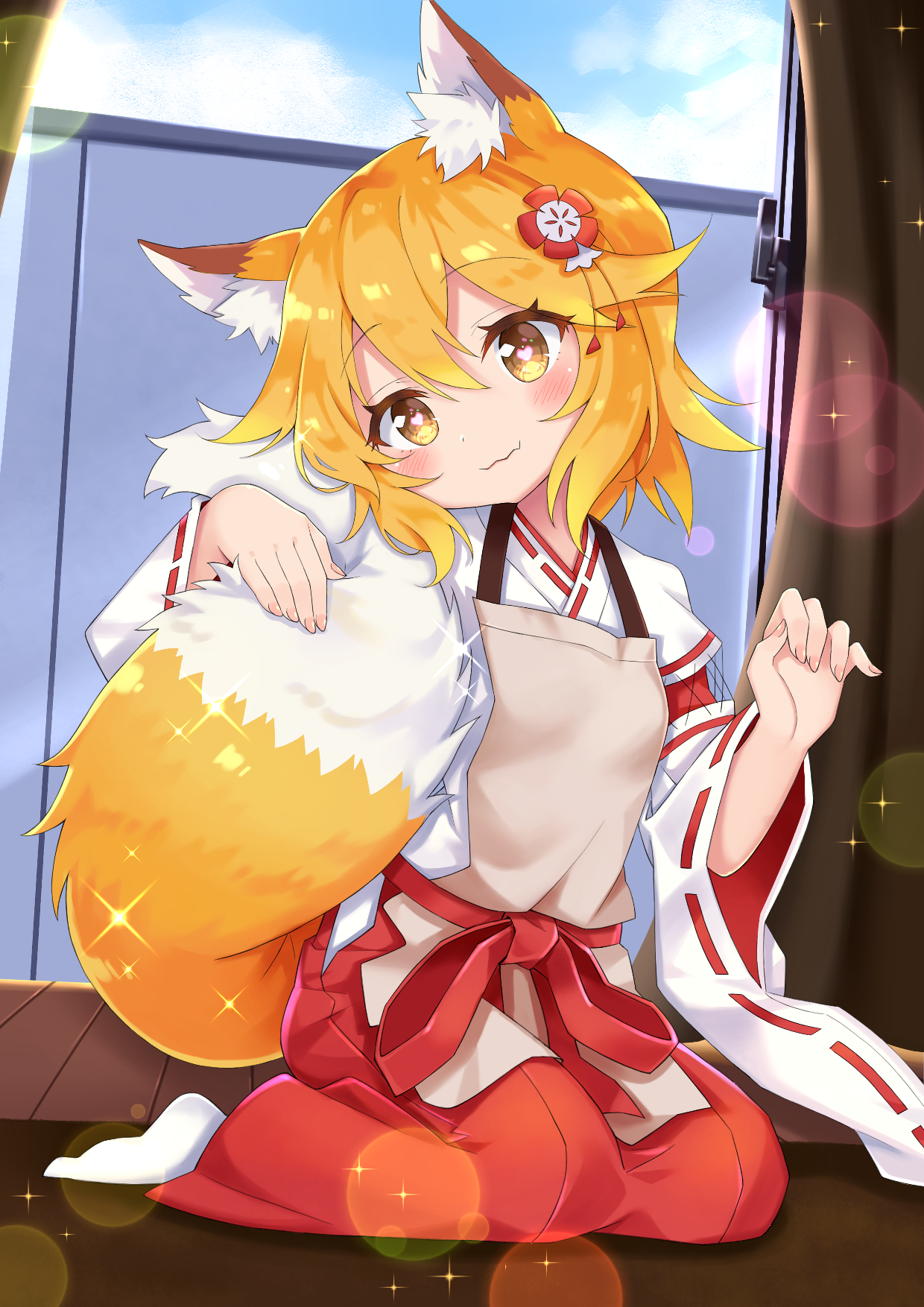 xuan chu, senko (sewayaki kitsune no senko-san), sewayaki kitsune no senko-san, highres, 1girl, animal ear fluff, animal ears, apron, blonde hair, blue sky, blurry, blush, bokeh, brown apron, closed mouth, cloud, cloudy sky, day, depth of field, flower, fox ears, fox girl, fox tail, hair between eyes, hair flower, hair ornament, hakama, hakama skirt, hand on own tail, heart, heart-shaped pupils, heart in eye, indoors, japanese clothes, kimono, long sleeves, looking at viewer, miko, red hakama, ribbon-trimmed sleeves, ribbon trim, short hair, sitting, skirt, sky, smile, socks, solo, sparkle, symbol-shaped pupils, symbol in eye, tail, tail raised, wariza, white kimono, white socks, wide sleeves, window, window blinds, wooden floor, yellow eyes