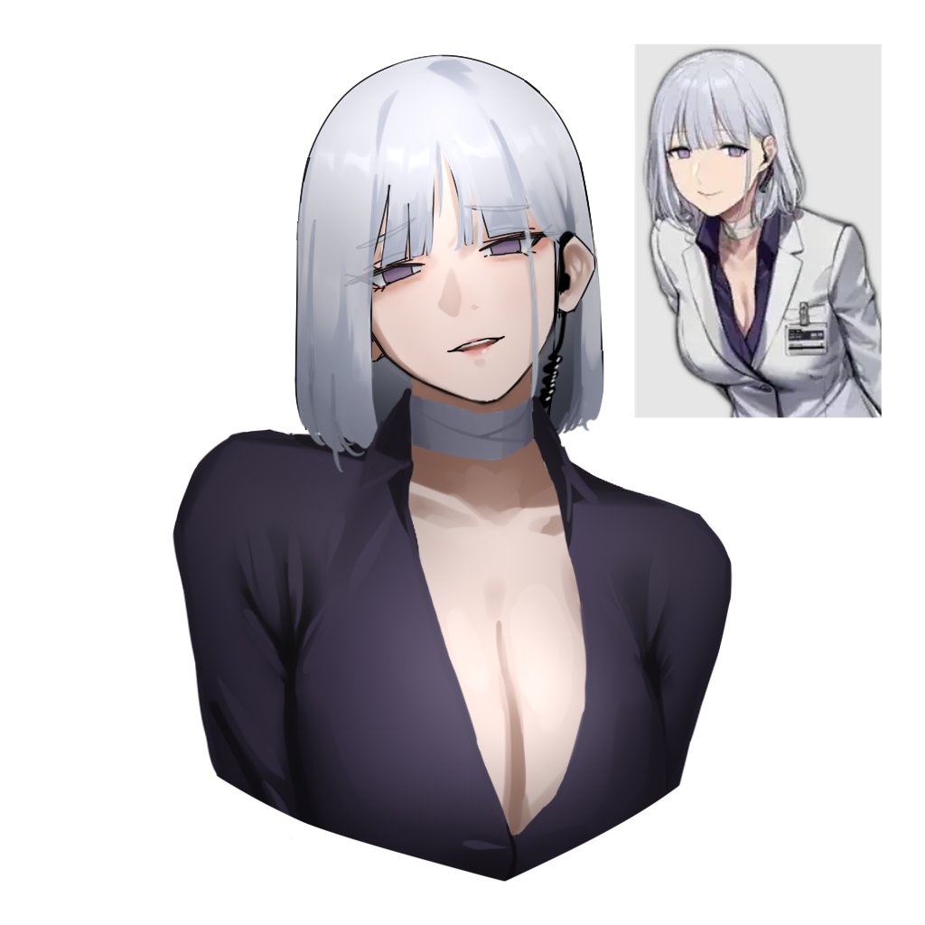 kofucchi, rpk-16 (girls' frontline), rpk-16 (renate) (girls' frontline), girls' frontline, 1girl, bandaged neck, bandages, breasts, cleavage, cropped torso, earpiece, looking at viewer, medium hair, official alternate costume, official art inset, open mouth, purple eyes, purple shirt, shirt, simple background, teeth, upper teeth only, white background, white hair