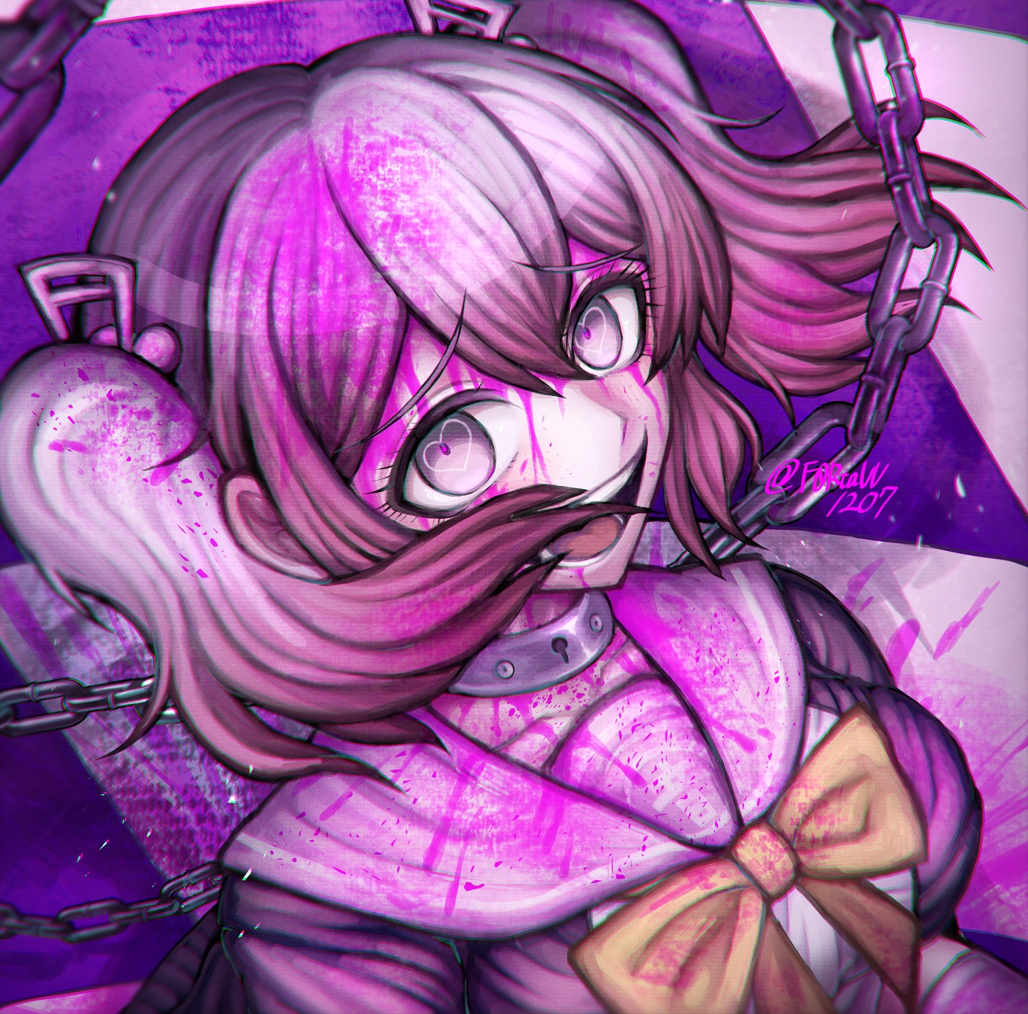 f0rtavv12o7, otonokoji kanade, danganronpa another, super danganronpa another 2, hashtag-only commentary, highres, 1girl, blood, blood in hair, blood on clothes, blood on face, blood on neck, blood splatter, bow, chain, chain leash, collar, fortissimo, grey eyes, hair ornament, heart, heart in eye, jacket, komatsuzaki rui (style), leash, medium hair, metal collar, musical note, musical note hair ornament, pink blood, pink hair, pink sailor collar, sailor collar, smile, solo, symbol in eye, teeth, tongue, twintails, twitter username, upper body, yellow bow