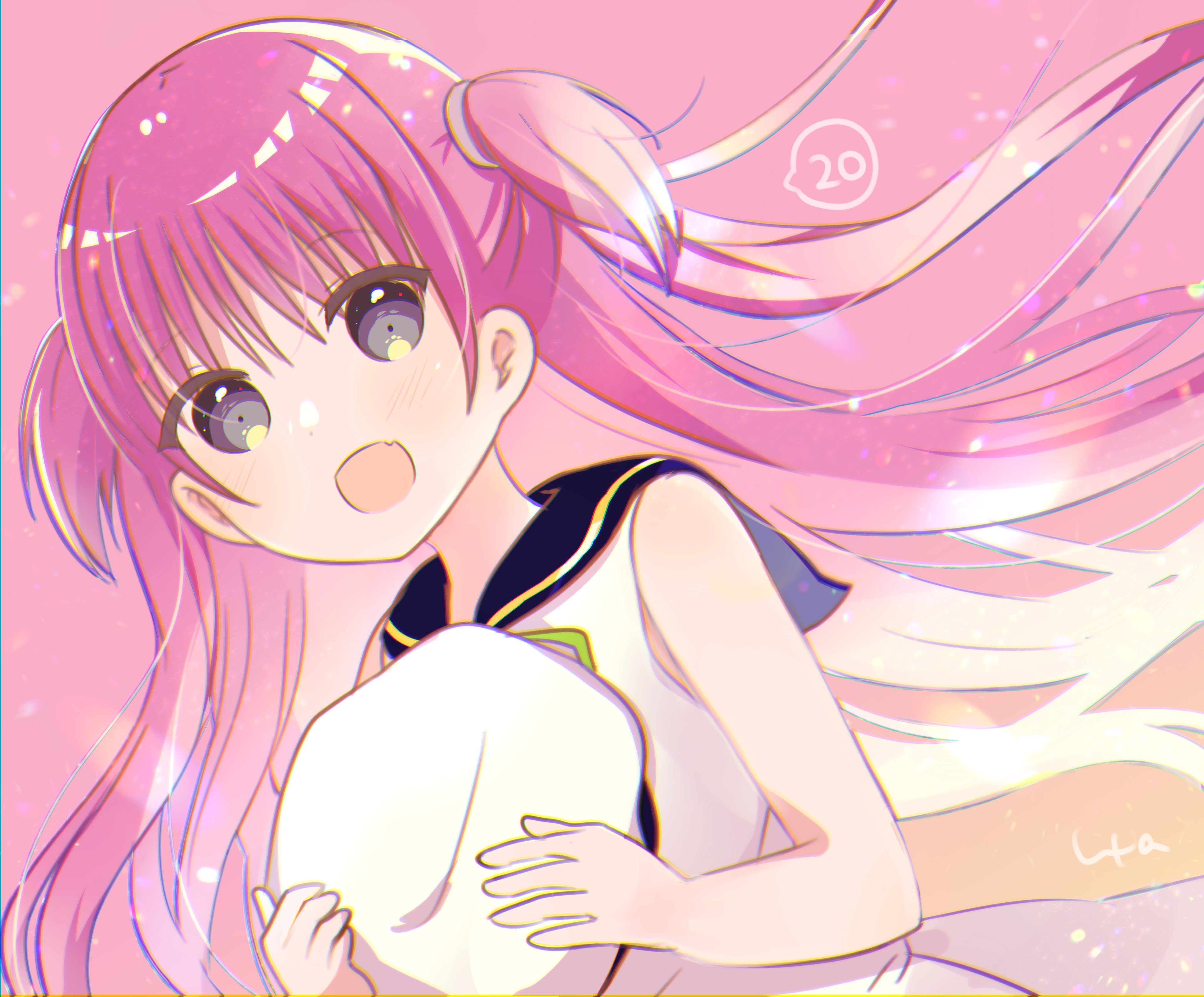ura (ura-tennislove), katou umi, summer pockets, absurdres, commentary request, highres, 1girl, :d, backlighting, blue sailor collar, blush, dress, dutch angle, episode number, eyes visible through hair, fang, floating hair, grey eyes, hair between eyes, hat, holding, holding unworn clothes, holding unworn hat, long hair, looking at viewer, open mouth, pink background, pink hair, sailor collar, sailor dress, sailor hat, signature, simple background, skin fang, sleeveless, sleeveless dress, smile, solo, speech bubble, two side up, unworn hat, unworn headwear, upper body, very long hair, white dress, white hat