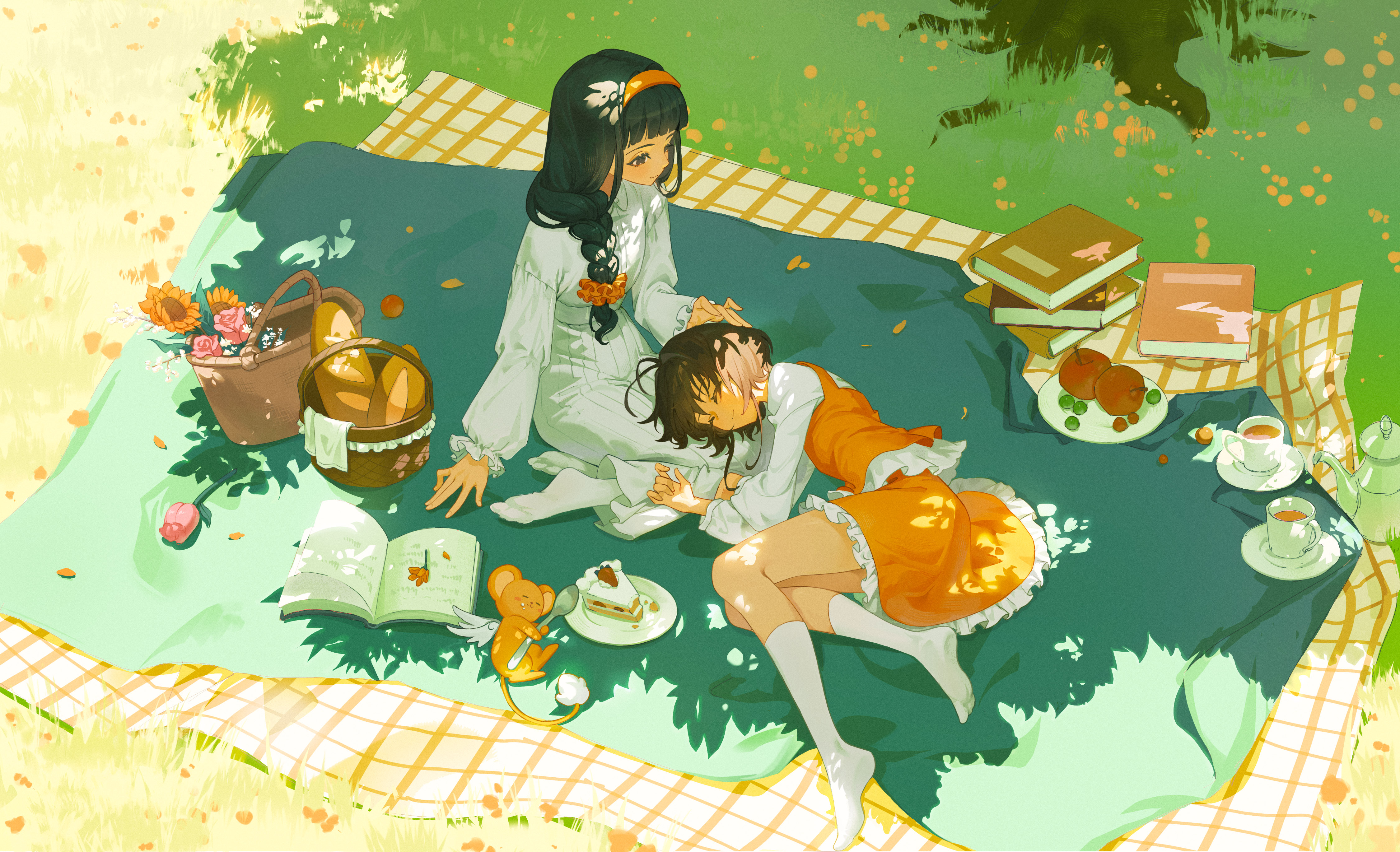 ikura kun, daidouji tomoyo, kero (cardcaptor sakura), kinomoto sakura, cardcaptor sakura, absurdres, highres, 2girls, apple, baguette, black hair, blanket, blunt bangs, book, braid, bread, brown hair, cake, cake slice, closed eyes, closed mouth, creature, cup, dappled sunlight, day, dessert, dress, flower, food, food on face, frilled dress, frilled sleeves, frills, from above, fruit, grass, grey eyes, hair ornament, hair over shoulder, hair scrunchie, hairband, hand on another's head, holding, holding spoon, lap pillow, long dress, long hair, long sleeves, looking at another, lying, multiple girls, on ground, on side, open book, orange dress, orange flower, orange hairband, orange scrunchie, outdoors, petals, picnic, picnic basket, picnic blanket, pink flower, plate, puffy long sleeves, puffy sleeves, scrunchie, shirt, short dress, short hair, single braid, sitting, sleeping, socks, spoon, sunflower, sunlight, tail, tea, teacup, teapot, white dress, white shirt, white socks, wide shot, yokozuwari