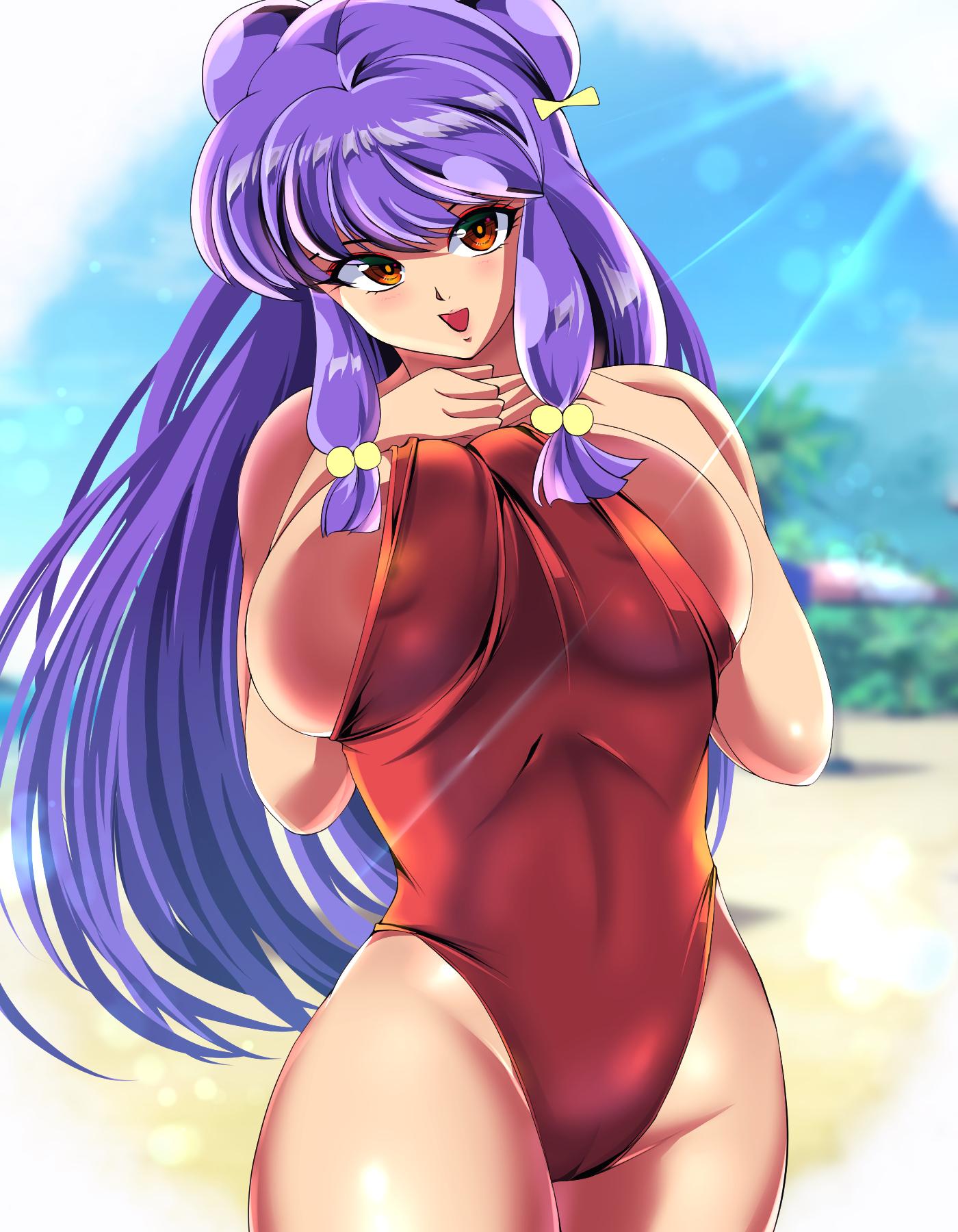 ri~hu, shampoo (ranma 1/2), ranma 1/2, highres, 1girl, breasts, brown eyes, covered erect nipples, curvy, highleg, large breasts, long hair, looking at viewer, one-piece swimsuit, open mouth, purple hair, smile, solo, swimsuit