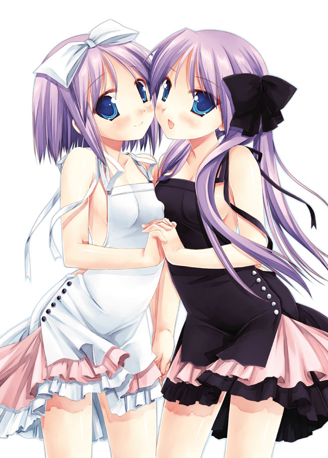miyasu risa, hiiragi kagami, hiiragi tsukasa, lucky star, 00s, 2girls, blue eyes, dress, hair ribbon, hairband, holding hands, long hair, multiple girls, no bra, purple hair, ribbon, short hair, sisters, standing, thighs, twins