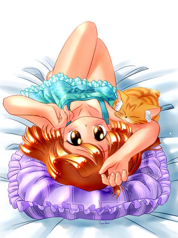 zan, original, 1girl, bed, brown eyes, brown hair, cat, dress, female focus, frilled pillow, frills, legs, looking at viewer, lying, on back, pillow, solo, upside-down