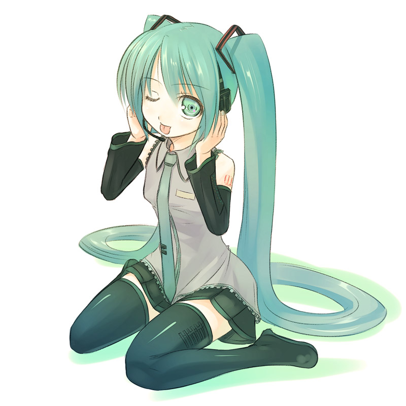 kakaon, kanchou serio, hatsune miku, vocaloid, 1girl, female focus, long hair, one eye closed, solo, thighhighs, twintails, very long hair, wink, zettai ryouiki