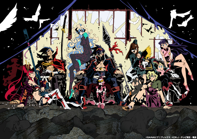 imaishi hiroyuki, anne (ttgl), antispiral, antispiral nia, boota (ttgl), kamina (ttgl), kinon bachika, kittan bachika, kiyal bachika, kiyoh bachika, nia teppelin, rossiu adai, simon (ttgl), yoko littner, gainax, tengen toppa gurren lagann, official art, 00s, 4boys, 6+girls, corpse, cross-shaped pupils, everyone, gainaxtop, manly, multiple boys, multiple girls, symbol-shaped pupils, torn clothes