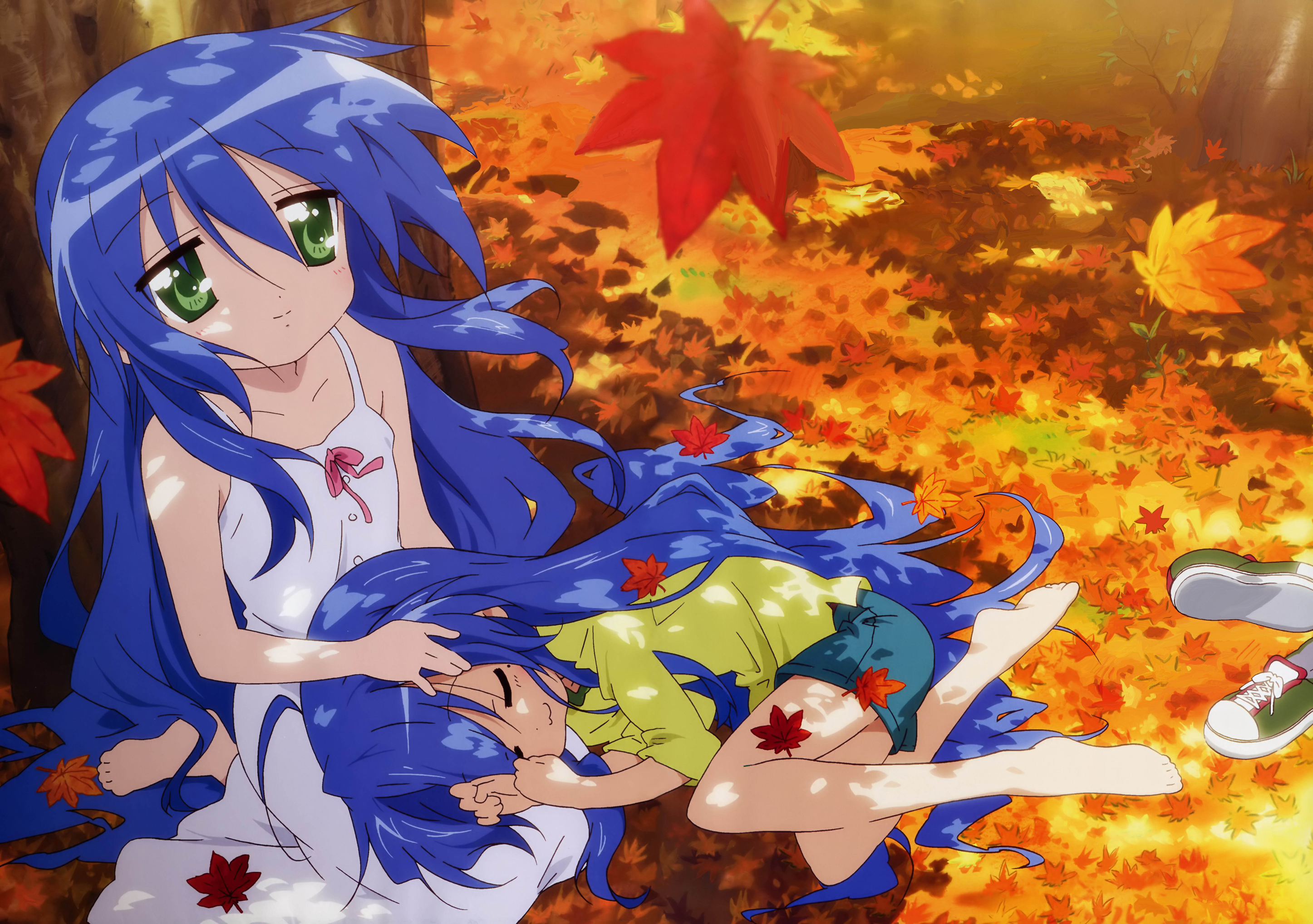 sakamoto kazuya, izumi kanata, izumi konata, lucky star, highres, 00s, 2girls, :3, against tree, age difference, autumn, autumn leaves, barefoot, blue hair, dress, feet, green eyes, hand on another's head, lap pillow, leaf, long hair, lying, mother and daughter, multiple girls, on side, shoes, shorts, sitting, sleeping, tree, unworn shoes, very long hair, white dress