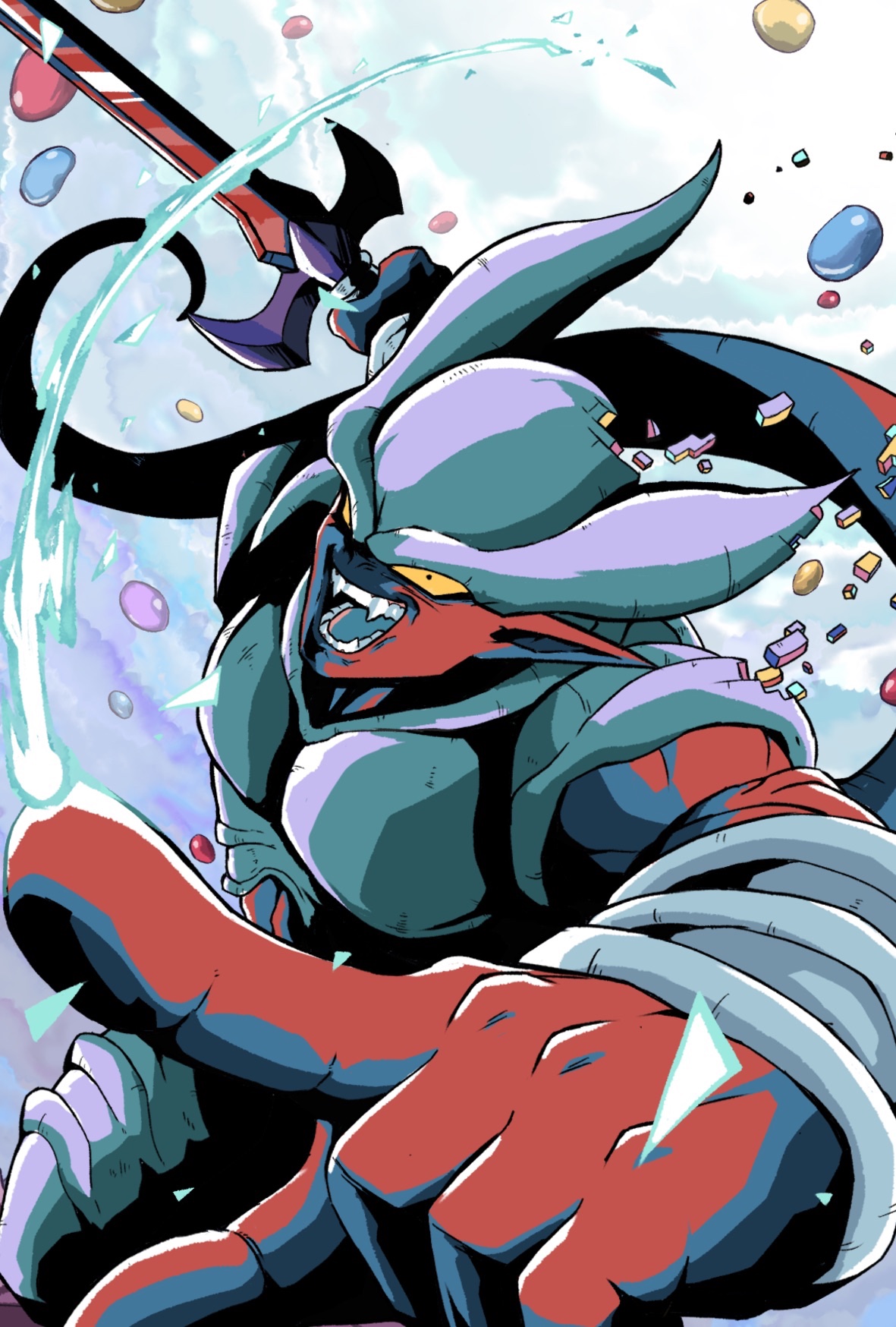 debudebumetabo, janemba, dragon ball, dragonball z, highres, 1boy, colored skin, fangs, holding, holding sword, holding weapon, open mouth, pointy ears, red skin, solo, sword, upper body, weapon, yellow eyes