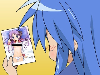 hiiragi kagami, izumi konata, lucky star, lowres, 00s, 1girl, bar censor, bed, blue eyes, blue hair, blush, bow, bow panties, breasts, breasts out, censored, censored nipples, clothes lift, embarrassed, female focus, gradient background, hair ribbon, holding, long hair, long sleeves, lying, matching hair/eyes, mole, mole under eye, navel, no pants, on back, on bed, orange background, panties, parted bangs, photo (object), pillow, purple hair, qvga, ribbon, school uniform, serafuku, shirt, shirt lift, sidelocks, simple background, sleeve cuffs, small breasts, solo, twintails, underwear, viewing pornography, white panties, yuri