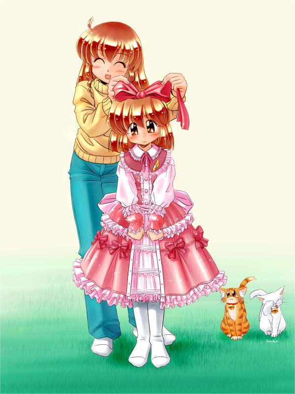 zan, original, 2girls, cat, dress, multiple girls, ribbon, siblings, sisters, socks, sweater