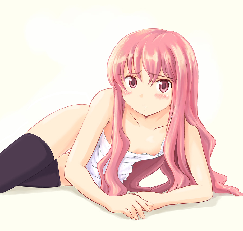 ryp, louise francoise le blanc de la valliere, zero no tsukaima, 00s, 1girl, blush, downblouse, female focus, flat chest, lingerie, loli, long hair, nipple slip, nipples, solo, thighhighs, underwear