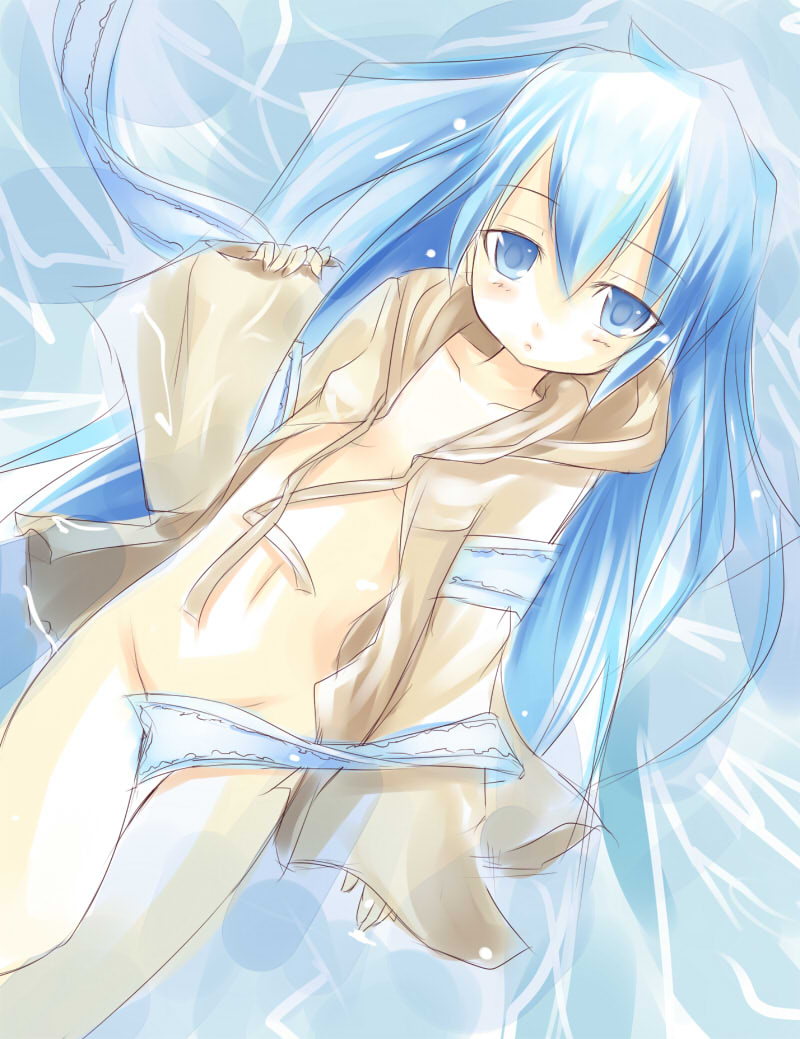 kuro (be ok), eria (yu-gi-oh!), eria the water charmer, copyright request, 1girl, blue eyes, blue hair, female focus, loli, long hair, matching hair/eyes, no bra, no panties, open clothes, open shirt, shirt, solo
