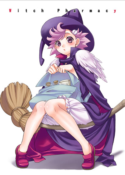 mattaku mousuke, 1girl, bag, bloomers, broom, broom riding, cape, female focus, hat, pink hair, short hair, solo, underwear, white bloomers, witch, witch hat