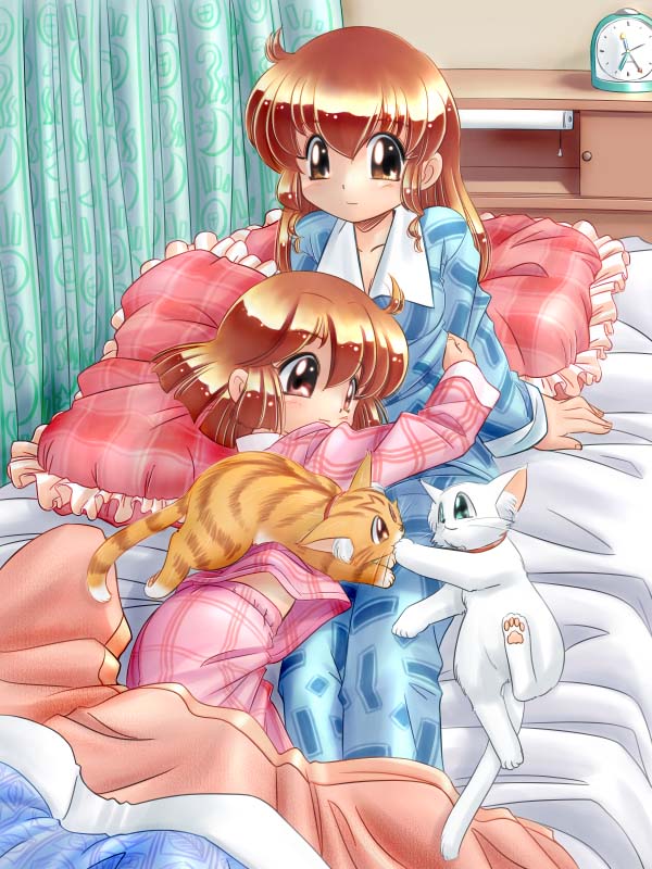 zan, original, 2girls, bed, cat, frilled pillow, frills, multiple girls, pajamas, pillow, siblings, sisters