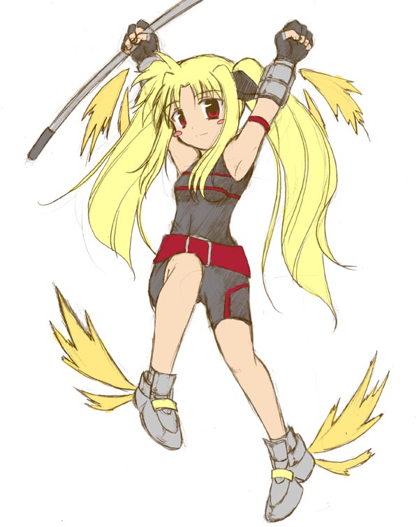 bardiche (nanoha), fate testarossa, fate testarossa (sonic form), lyrical nanoha, mahou shoujo lyrical nanoha, mahou shoujo lyrical nanoha a's, winged footwear, non-web source, 00s, 1girl, blonde hair, blush stickers, female focus, long hair, red eyes, shoes, solo, twintails, wings