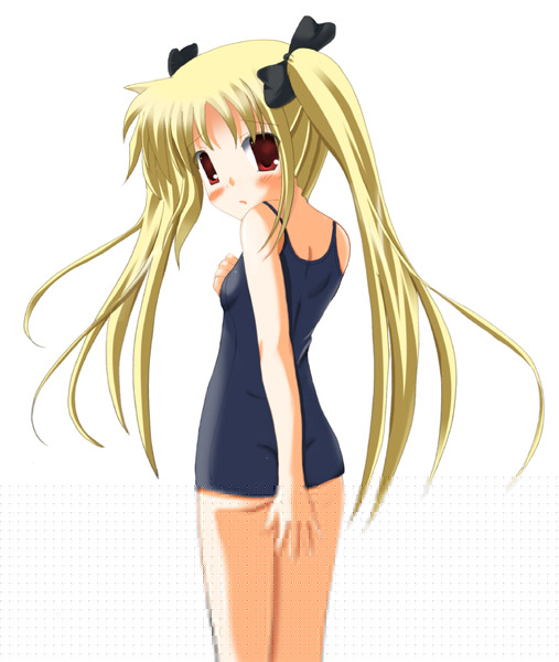 fate testarossa, lyrical nanoha, mahou shoujo lyrical nanoha, artist request, 00s, 1girl, ass, blonde hair, blue one-piece swimsuit, blush, breasts, from behind, hair ribbon, long hair, looking at viewer, looking back, one-piece swimsuit, open mouth, red eyes, ribbon, school swimsuit, small breasts, swimsuit, twintails, white background