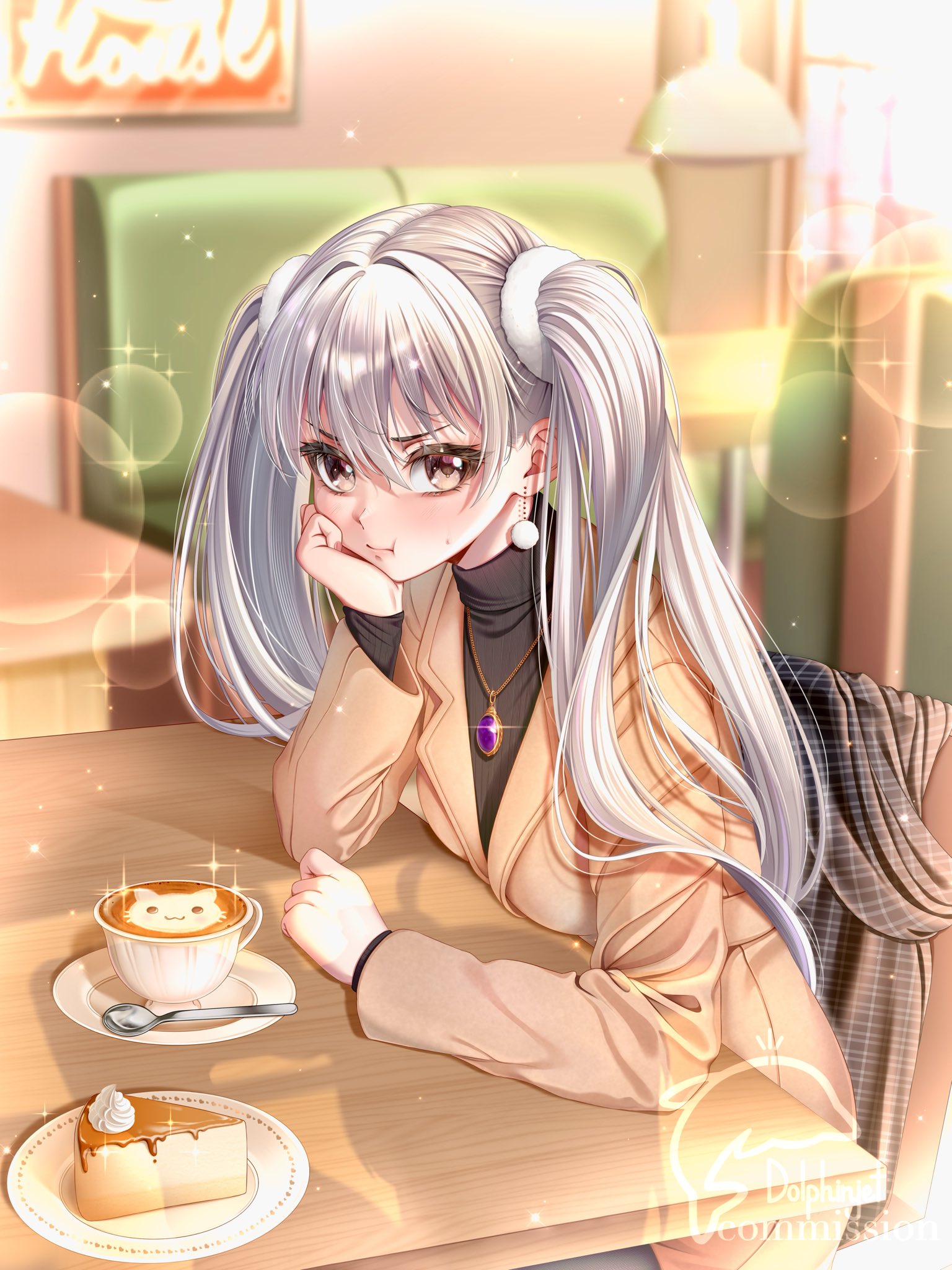 dolphinjet, oikura sodachi, highres, 1girl, blush, breasts, brown eyes, cake, closed mouth, coffee, food, grey hair, hair between eyes, hair ornament, jewelry, long hair, looking at viewer, necklace, solo, twintails