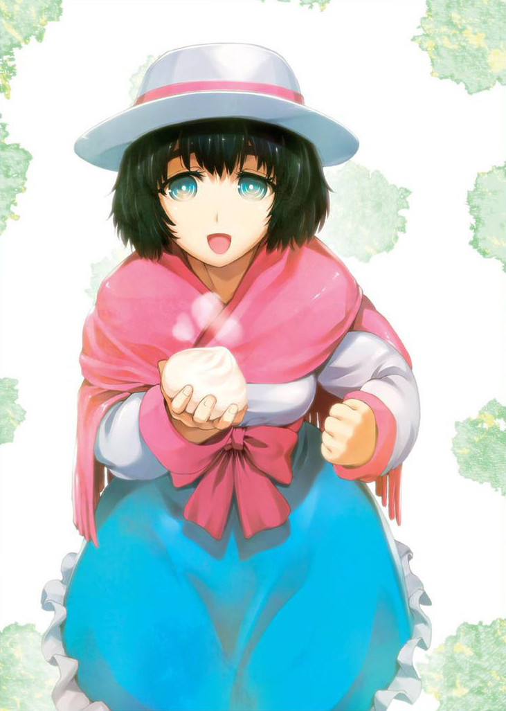 huke, shiina mayuri, science adventure, steins;gate, steins;gate 0, cropped, official art, 1girl, :d, aqua eyes, black hair, blue eyes, blue skirt, bow, breasts, clenched hand, dress, food, happy, hat, high-waist skirt, holding, holding food, kneeling, long sleeves, looking at viewer, medium breasts, medium hair, open mouth, pink bow, red scarf, ringed eyes, sash, scarf, shirt, short hair, skirt, smile, solo, steamed bun, tareme, tongue, waist bow, waist sash, white shirt, winter clothes