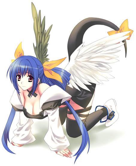 dizzy (guilty gear), arc system works, guilty gear, 1girl, all fours, asymmetrical wings, bent over, blue hair, boots, bow, breasts, cleavage, female focus, hair bow, large breasts, long hair, ribbon, simple background, solo, tail, tail ornament, tail ribbon, thighhighs, twintails, very long hair, white background, wings
