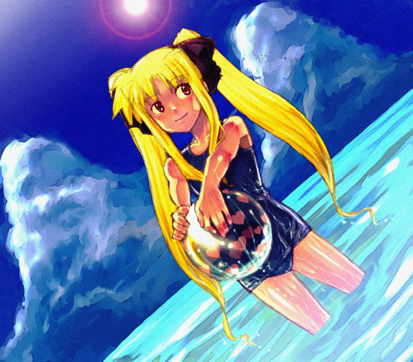 kida sougetsu, fate testarossa, lyrical nanoha, mahou shoujo lyrical nanoha, 1girl, ball, beachball, blonde hair, cloud, dutch angle, female focus, long hair, ocean, one-piece swimsuit, red eyes, sky, smile, solo, sun, swimsuit, twintails, wading, water, wet