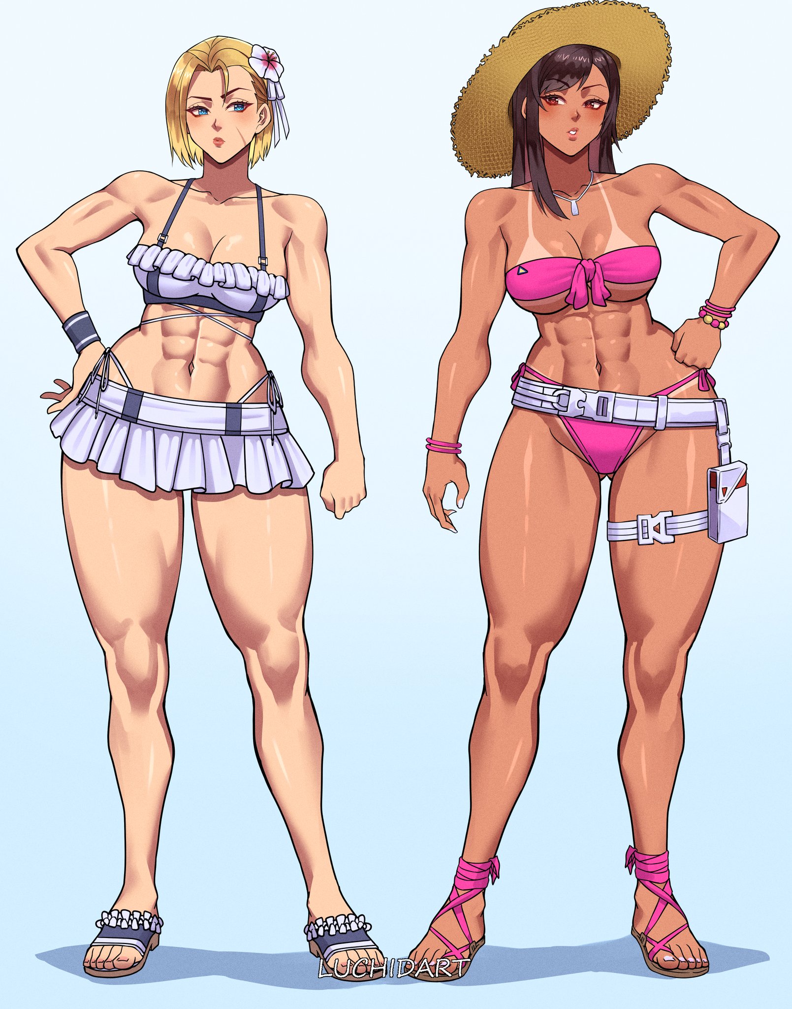 luchidart, cammy white, tifa lockhart, tifa lockhart (shining spirit), final fantasy, final fantasy vii, final fantasy vii rebirth, final fantasy vii remake, street fighter, street fighter 6, commentary, english commentary, highres, 2girls, abs, bikini, bikini skirt, black hair, blonde hair, blue eyes, blush, bracelet, breasts, cammy white (cosplay), cleavage, cosplay, costume switch, crossover, facial scar, flower, frilled bikini, frills, full body, hair flower, hair ornament, hand on own hip, hat, highleg, highleg bikini, jewelry, large breasts, legs, long hair, microskirt, multiple girls, muscular, muscular female, navel, necklace, official alternate costume, pink bikini, pouch, red eyes, sandals, scar, scar on cheek, scar on face, short hair, side-tie bikini bottom, skirt, standing, strapless, strapless bikini, straw hat, swimsuit, tan, tanline, thigh pouch, thigh strap, thighs, thong bikini, tifa lockhart (cosplay), white bikini