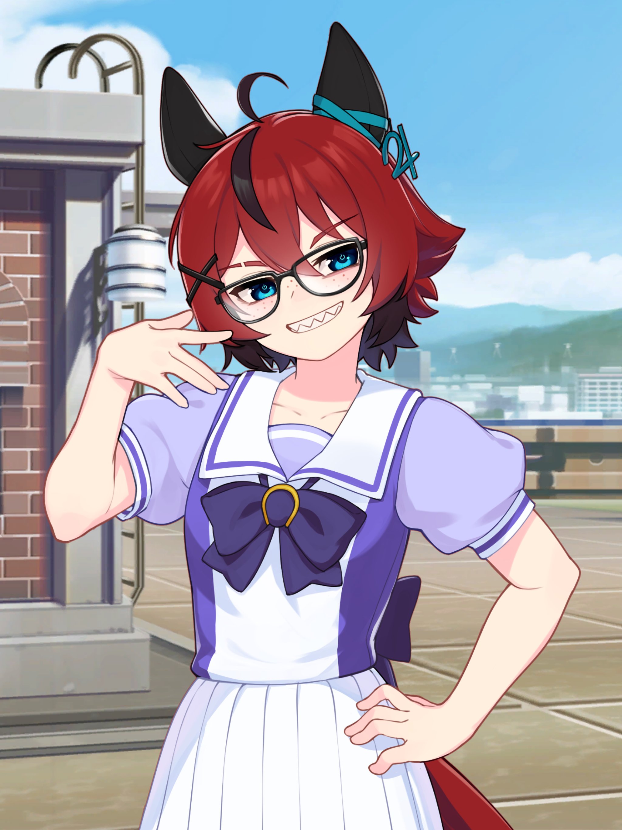yoako, aeiou (yoako), original, umamusume, absurdres, commentary, english commentary, highres, 1girl, ahoge, alternate animal ears, alternate tail, animal ears, back bow, bare arms, black-framed eyewear, black bow, black bowtie, black hair, blue eyes, blue ribbon, bow, bowtie, cowboy shot, ear ribbon, freckles, glasses, grin, hair between eyes, hair ornament, hand on own hip, hand up, horse ears, horse girl, horse tail, horseshoe ornament, jupiter symbol, ladder, multicolored hair, outdoors, pleated skirt, power symbol-shaped pupils, puffy short sleeves, puffy sleeves, red hair, ribbon, rooftop, sailor collar, sailor shirt, school uniform, sharp teeth, shirt, short sleeves, skirt, smile, solo, symbol-shaped pupils, tail, teeth, tracen school uniform, two-tone hair, white skirt, x hair ornament