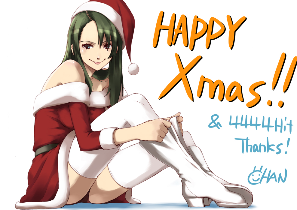chan co, original, 1girl, :p, bare shoulders, blue eyes, boots, christmas, female focus, green hair, hat, long hair, looking at viewer, santa costume, santa hat, sitting, solo, thighhighs, tongue, tongue out