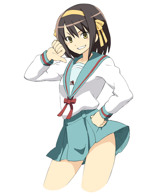 chan co, suzumiya haruhi, suzumiya haruhi no yuuutsu, 00s, 1girl, cropped legs, female focus, grin, hand on own hip, school uniform, serafuku, short hair, smile, solo, thumbs down, yellow eyes