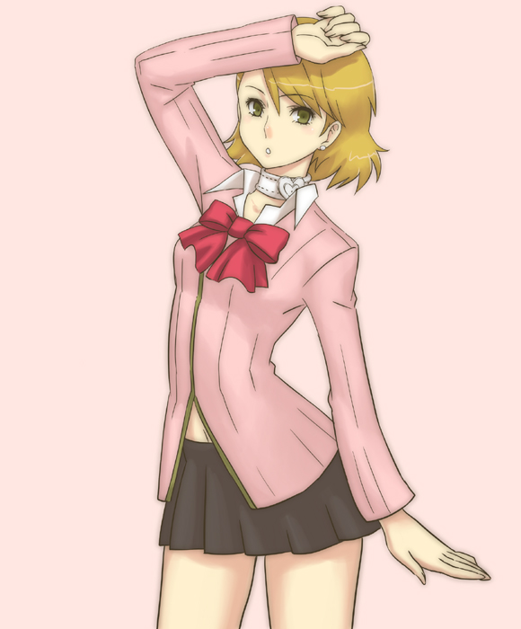 chan co, takeba yukari, atlus, persona, persona 3, blonde hair, bow, bowtie, brown eyes, cardigan, choker, cowboy shot, jewelry, miniskirt, necklace, pink background, red bow, red bowtie, ribbon, school uniform, serafuku, shading eyes, short hair, simple background, skirt, solo, yellow eyes